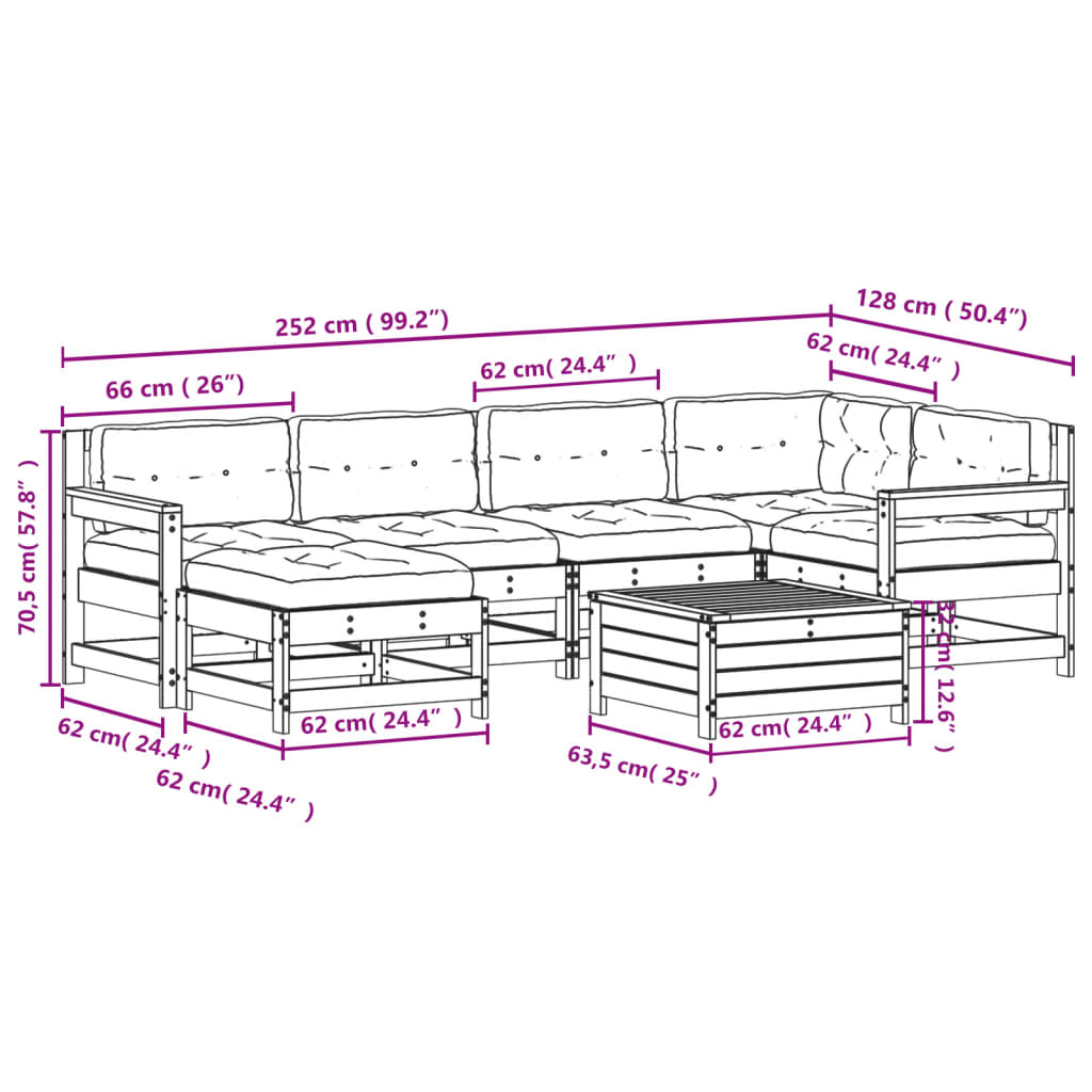 7-delige Loungeset met kussens massief grenenhout