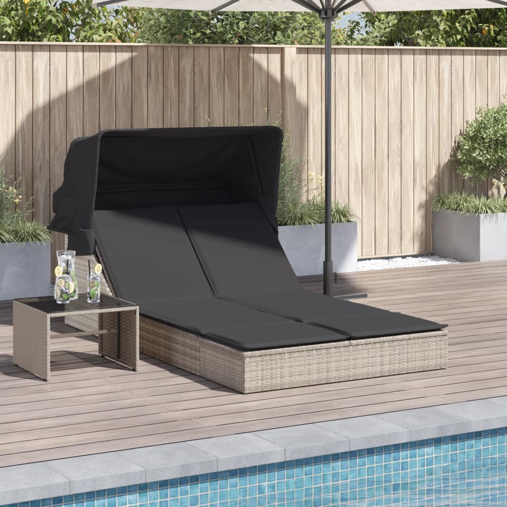 Ligbed 2-persoons met luifel en kussens poly rattan lichtgrijs is nu te koop bij PeponiXL, paradijselijk wonen!