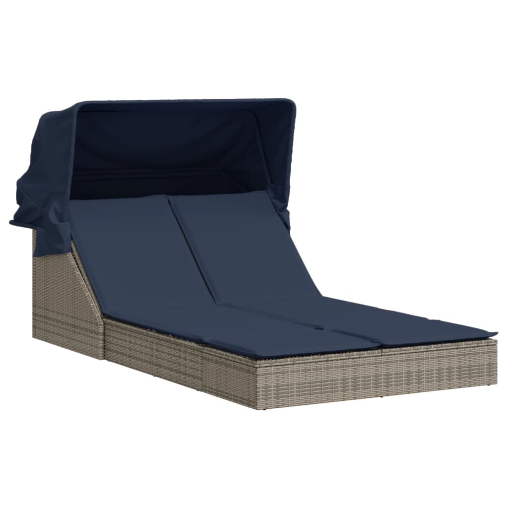 Dubbele ligstoel met luifel en kussens, grijs polyrotan is nu te koop bij PeponiXL, paradijselijk wonen!