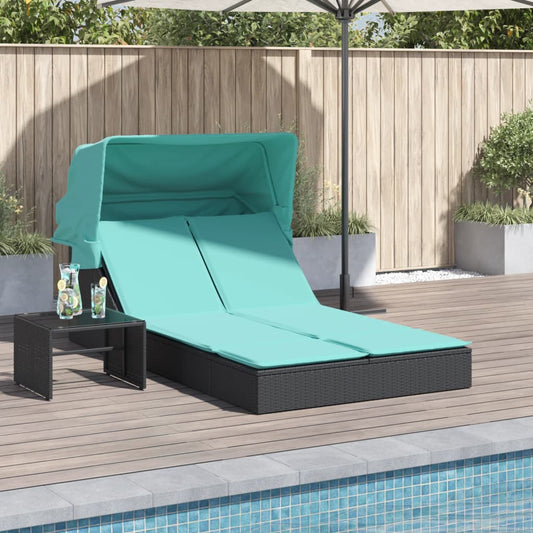 Dubbele ligstoel met luifel en kussens, zwart polyrotan is nu te koop bij PeponiXL, paradijselijk wonen!