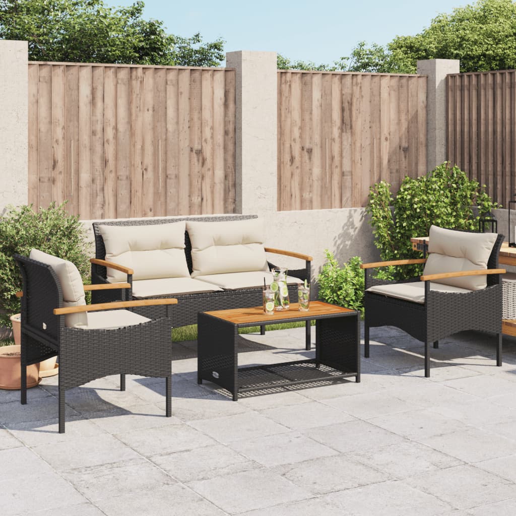 4-delige Loungeset met kussens poly rattan zwart is nu te koop bij PeponiXL, paradijselijk wonen!