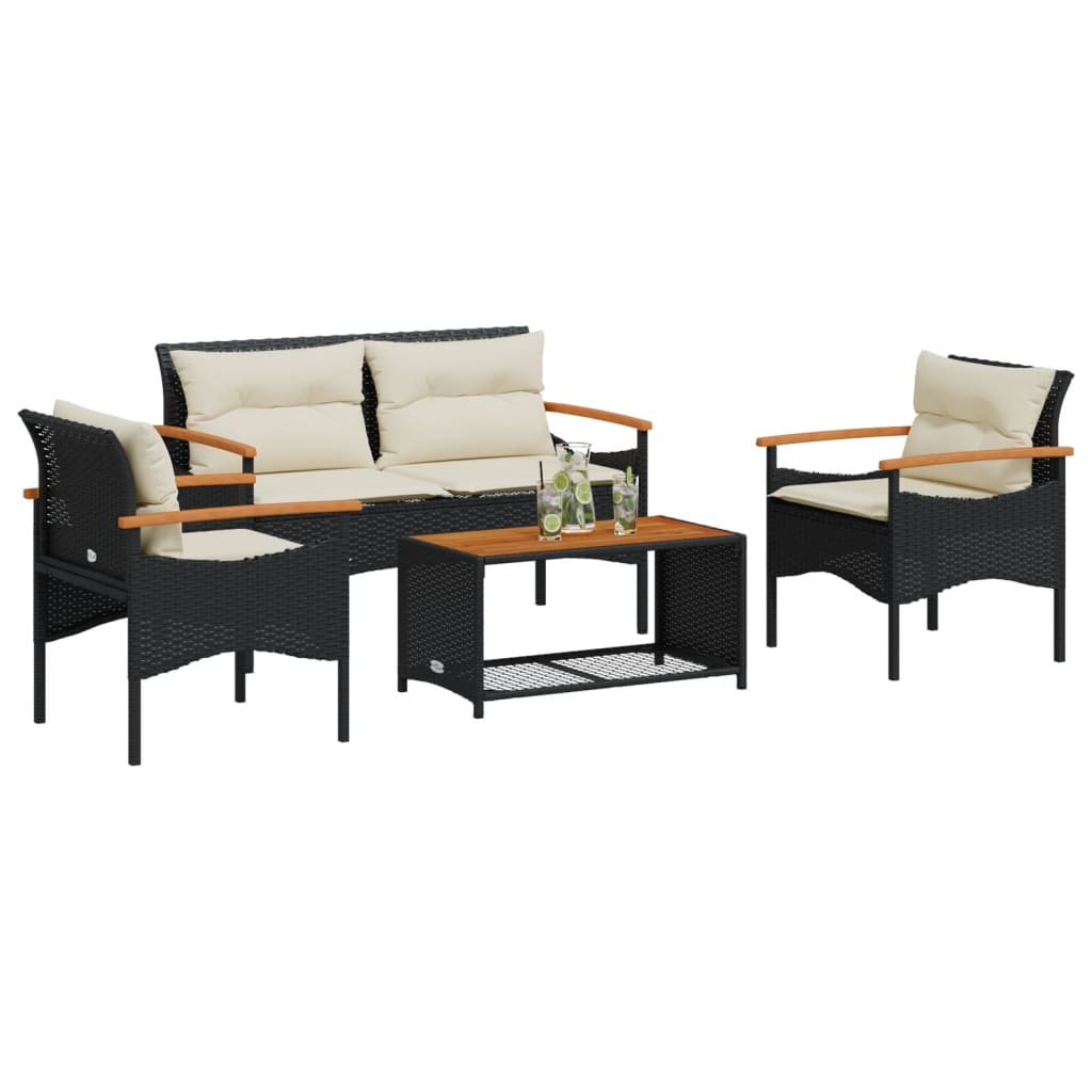 4-delige Loungeset met kussens poly rattan zwart is nu te koop bij PeponiXL, paradijselijk wonen!