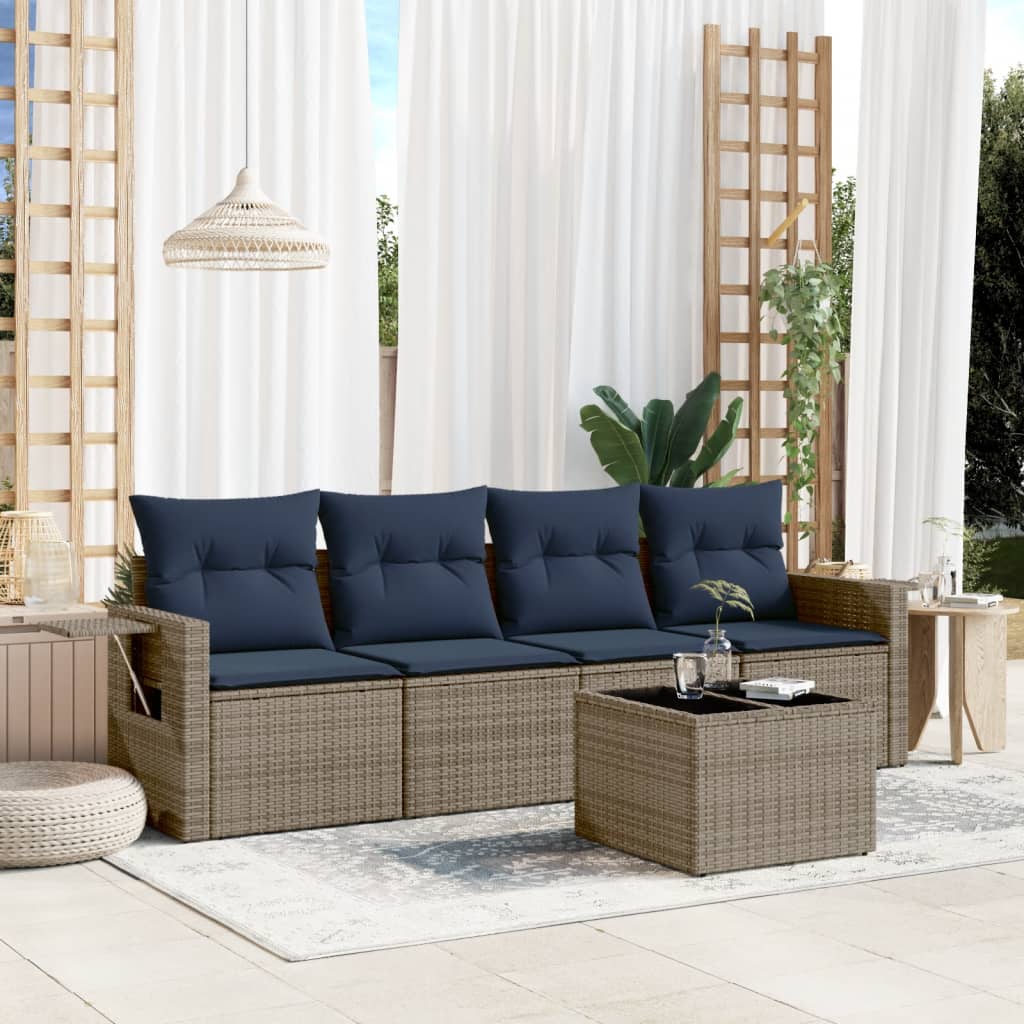 5-delige tuinbankset met kussens, grijs polyrotan is nu te koop bij PeponiXL, paradijselijk wonen!
