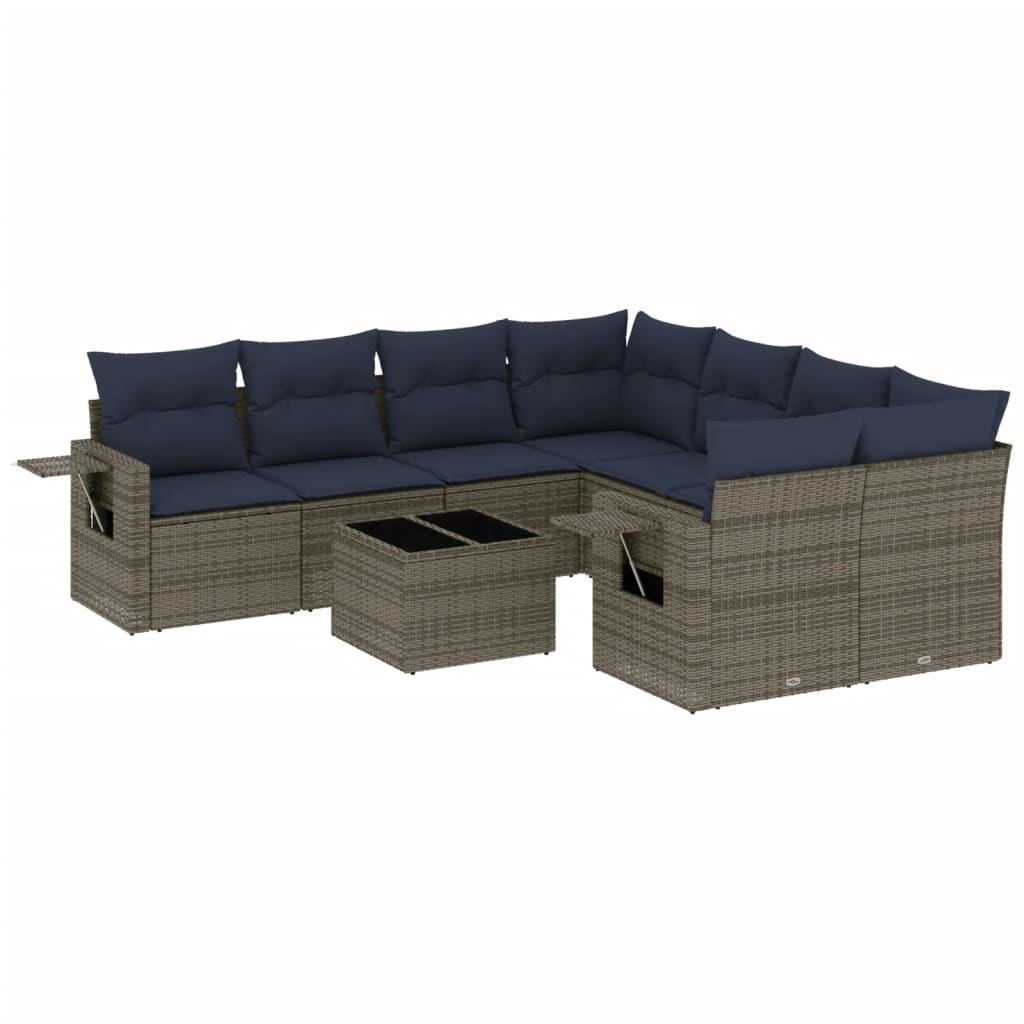 9-delige tuinbankset met kussens, grijs polyrotan is nu te koop bij PeponiXL, paradijselijk wonen!