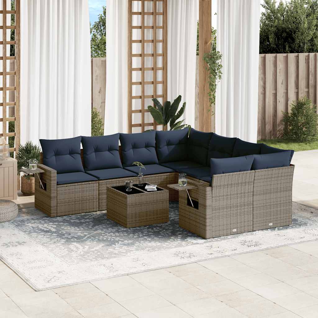 9-delige tuinbankset met kussens, grijs polyrotan is nu te koop bij PeponiXL, paradijselijk wonen!