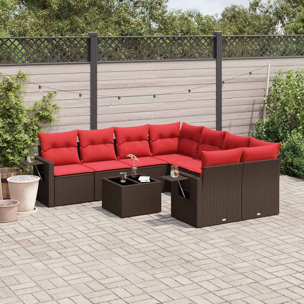 9-delige tuinbankset met kussens, bruin polyrotan is nu te koop bij PeponiXL, paradijselijk wonen!