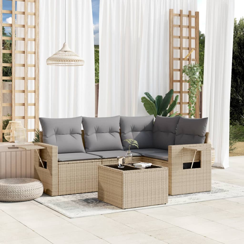 5-delige Loungeset met kussens poly rattan beige is nu te koop bij PeponiXL, paradijselijk wonen!