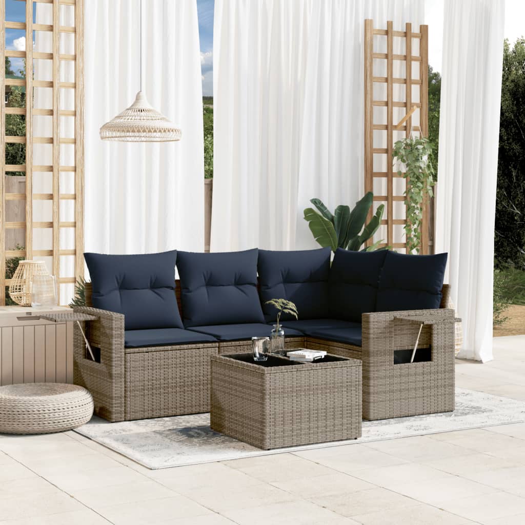 5-delige tuinbankset met kussens, grijs polyrotan is nu te koop bij PeponiXL, paradijselijk wonen!