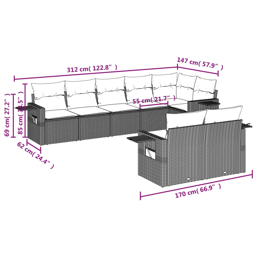 8-delige tuinbankset met kussens, zwart polyrotan is nu te koop bij PeponiXL, paradijselijk wonen!