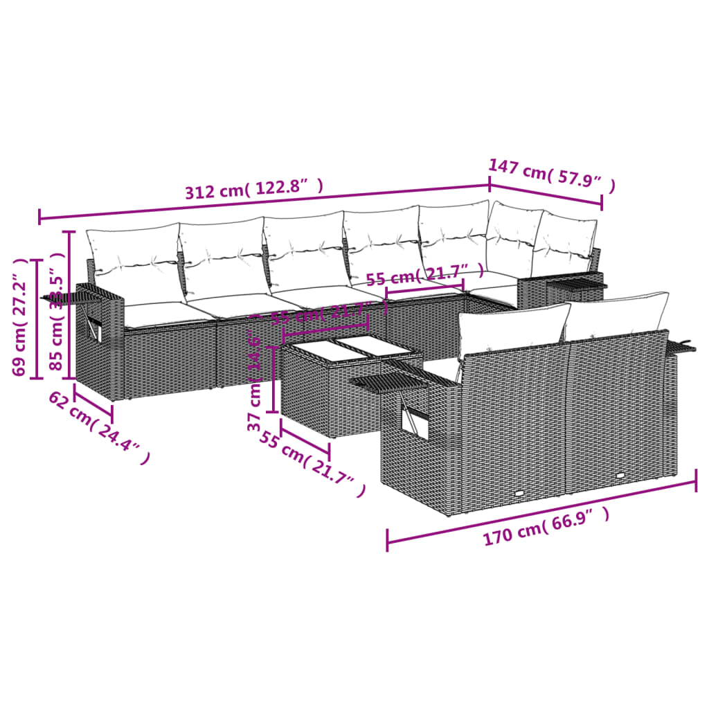 9-delige Loungeset met kussens poly rattan zwart is nu te koop bij PeponiXL, paradijselijk wonen!