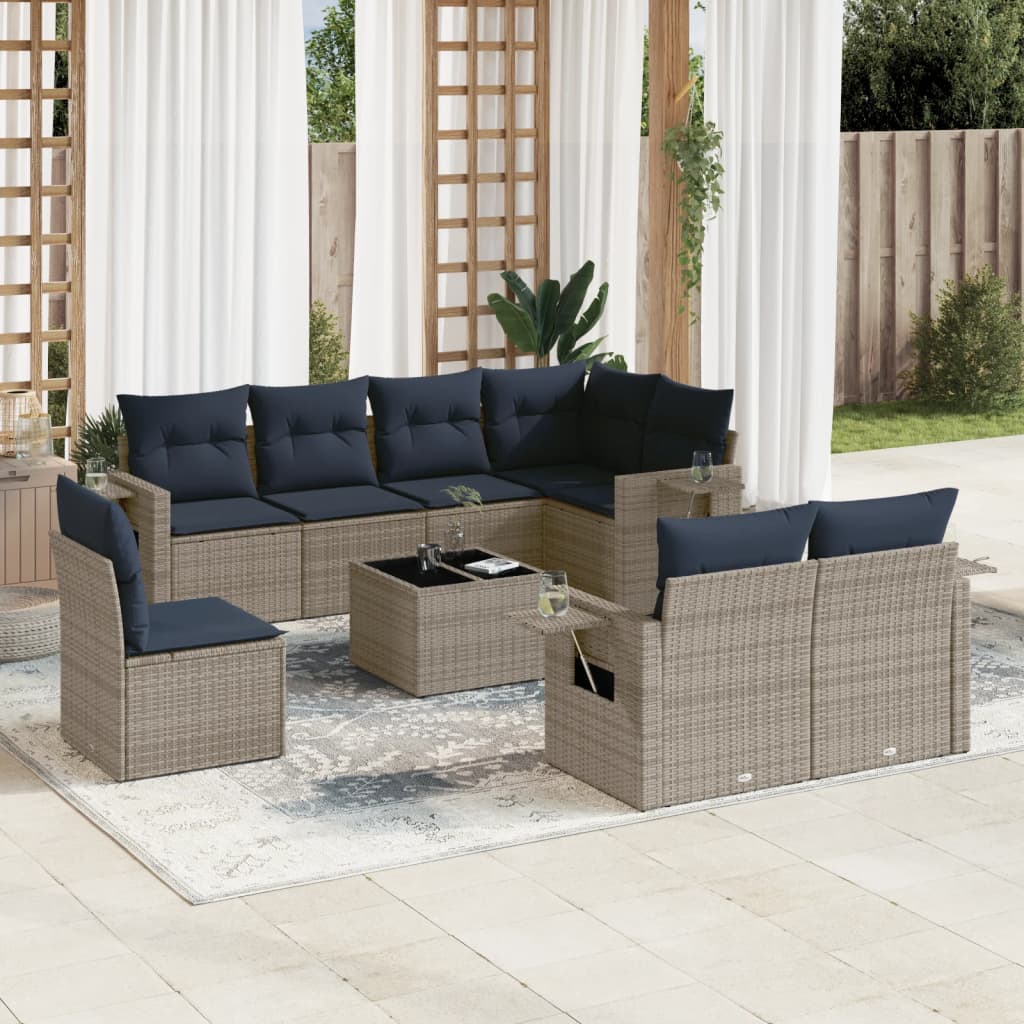 9-delige tuinbankset met kussens, grijs polyrotan is nu te koop bij PeponiXL, paradijselijk wonen!