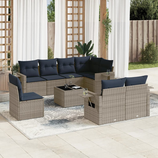 9-delige tuinbankset met kussens, grijs polyrotan is nu te koop bij PeponiXL, paradijselijk wonen!