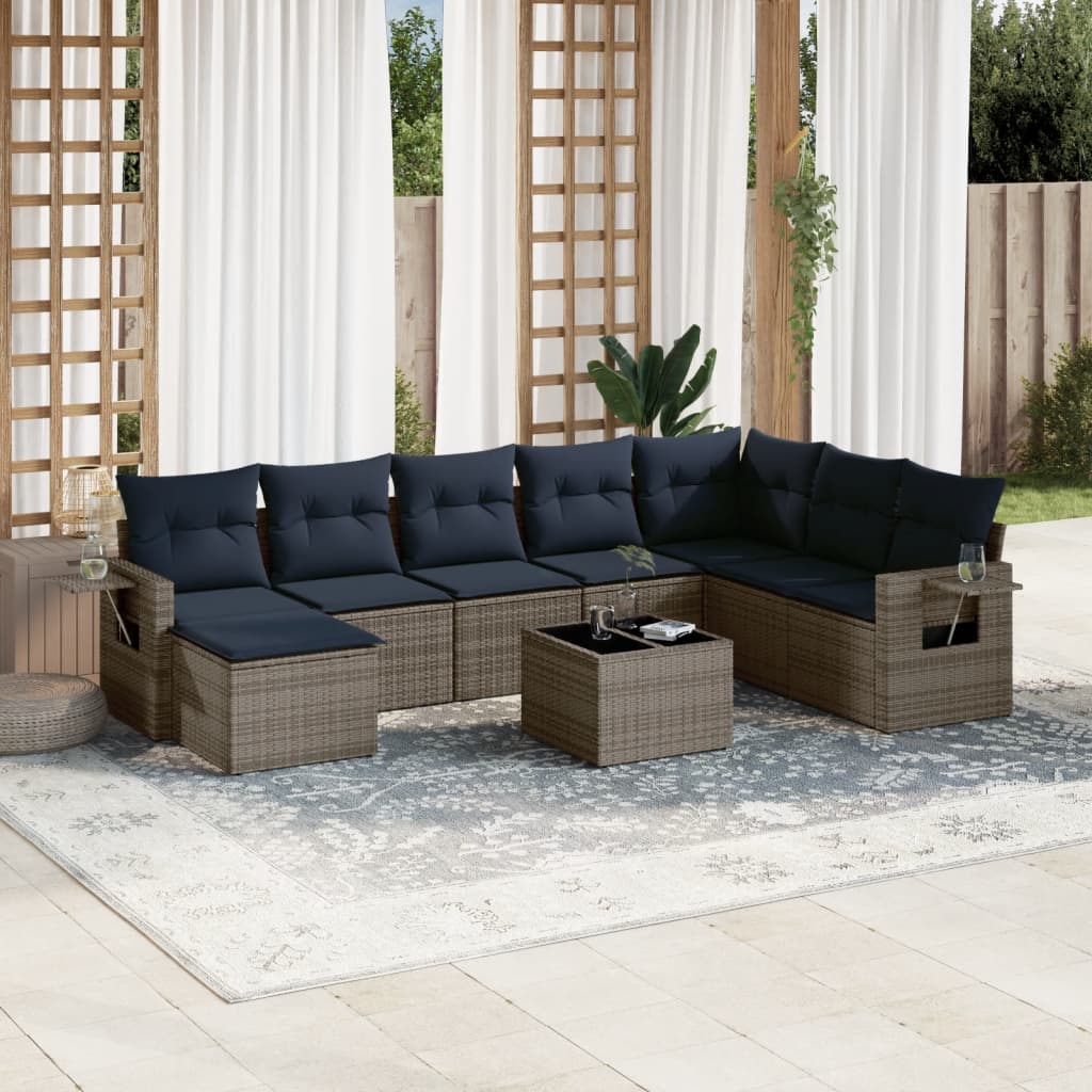 9-delige tuinbankset met kussens, grijs polyrotan is nu te koop bij PeponiXL, paradijselijk wonen!