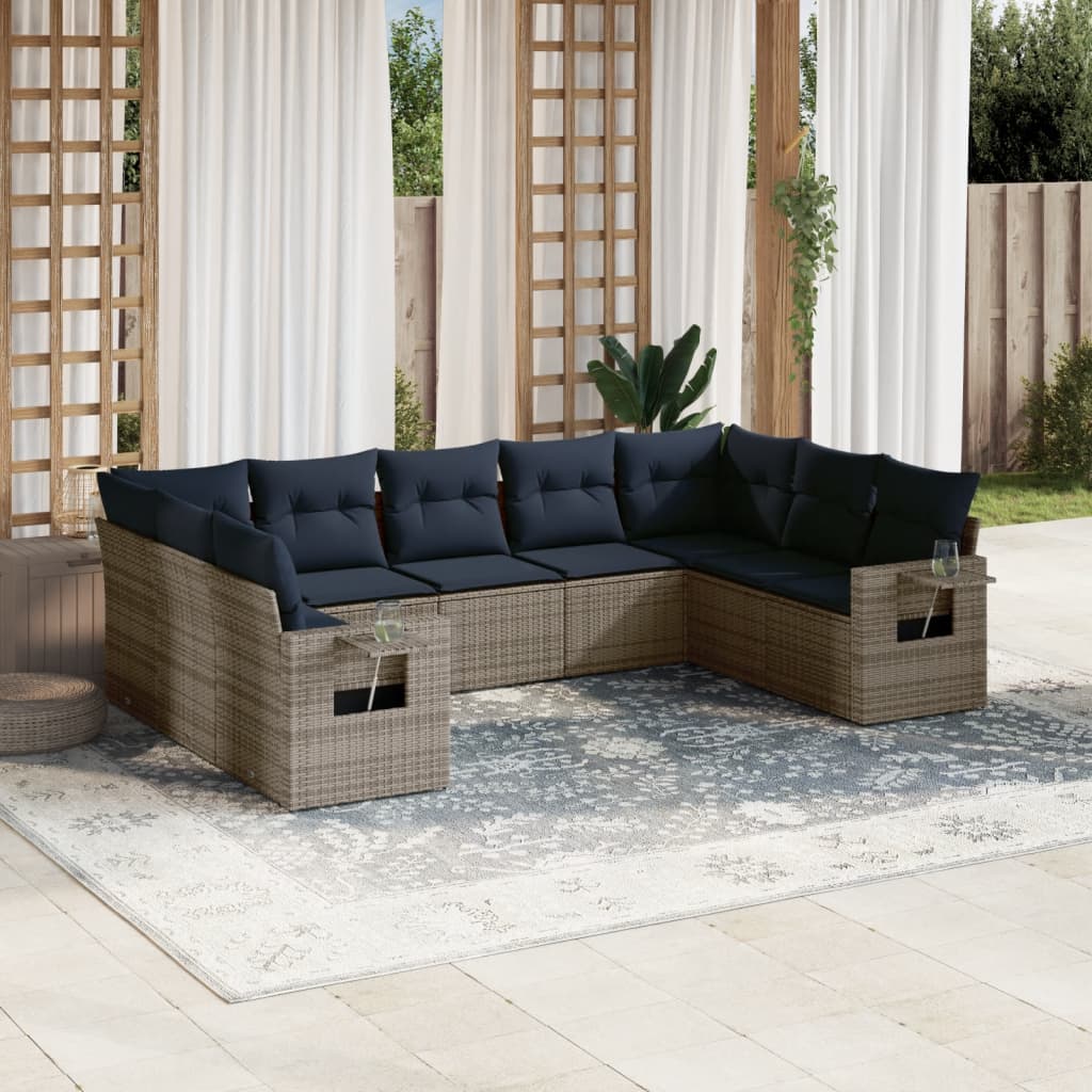 9-delige tuinbankset met kussens, grijs polyrotan is nu te koop bij PeponiXL, paradijselijk wonen!