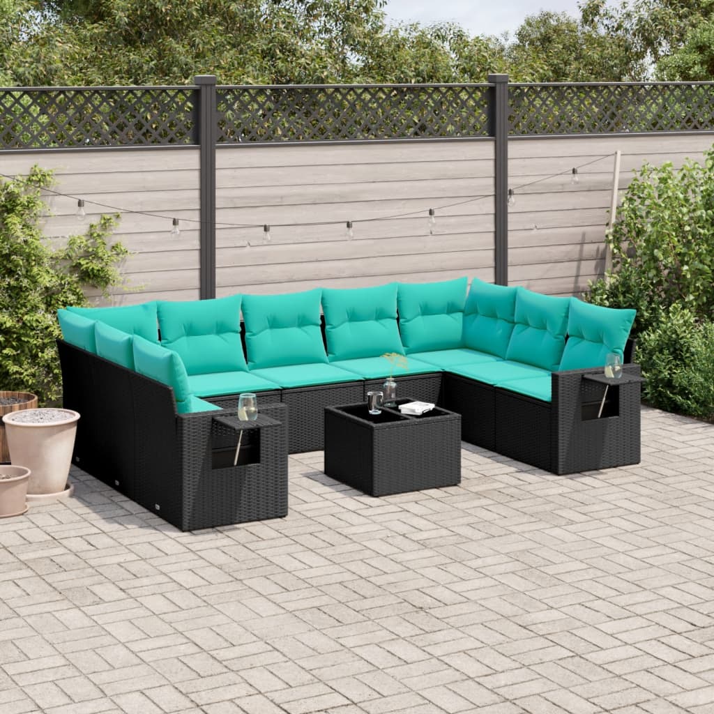 10-delige tuinbankset met kussens van zwart polyrotan is nu te koop bij PeponiXL, paradijselijk wonen!
