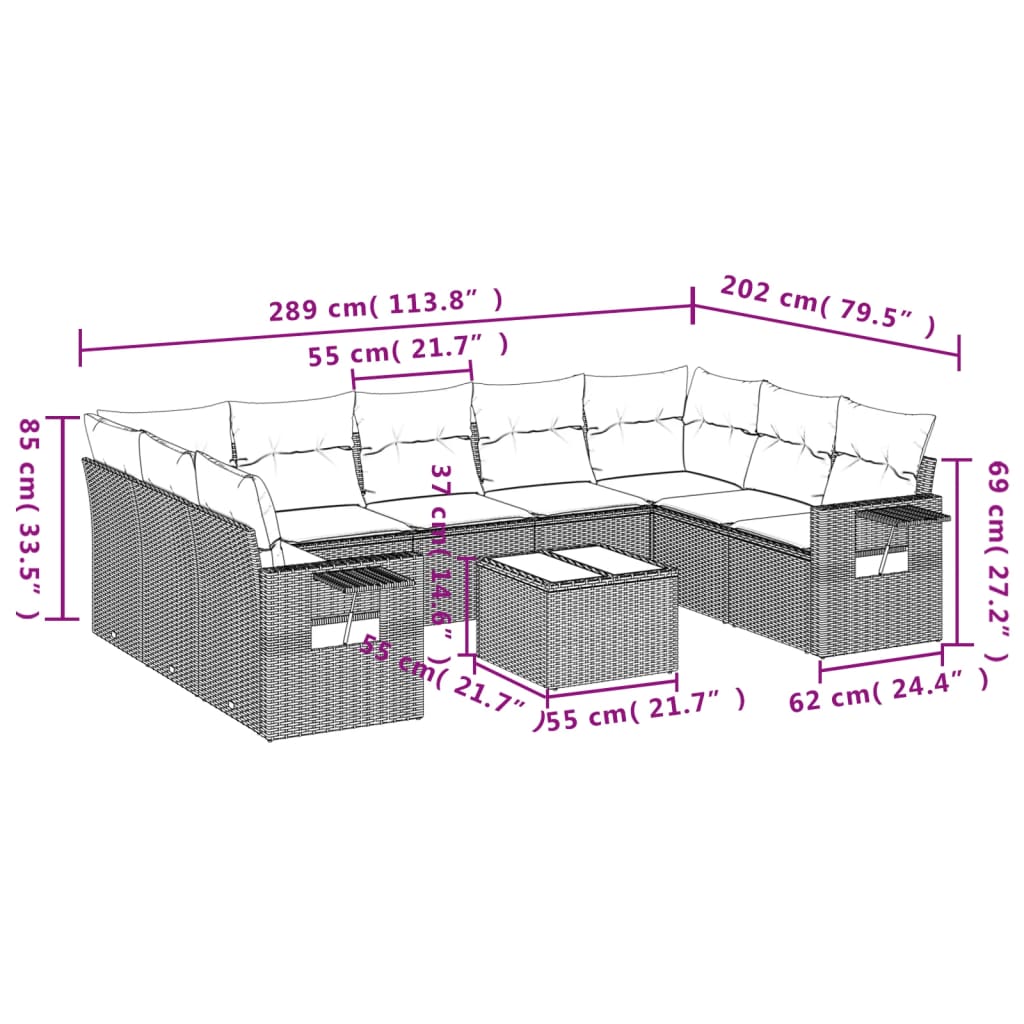 10-delige tuinbankset met kussens, grijs polyrotan is nu te koop bij PeponiXL, paradijselijk wonen!