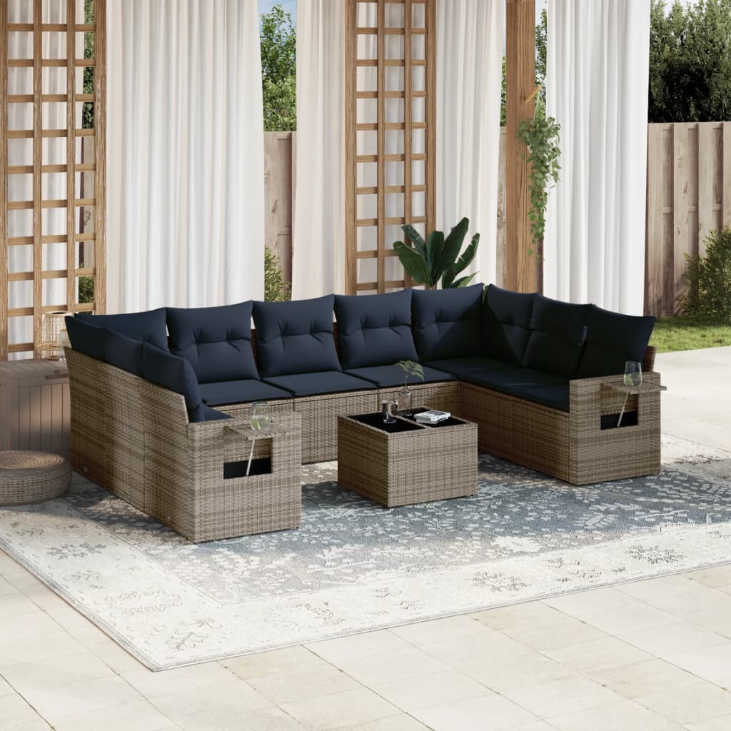 10-delige tuinbankset met kussens, grijs polyrotan is nu te koop bij PeponiXL, paradijselijk wonen!