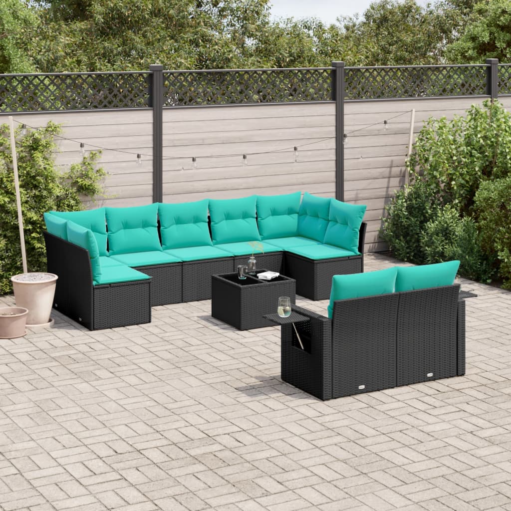 10-delige tuinbankset met kussens van zwart polyrotan is nu te koop bij PeponiXL, paradijselijk wonen!