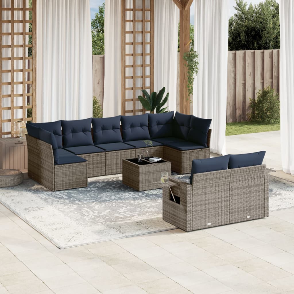 10-delige tuinbankset met kussens, grijs polyrotan is nu te koop bij PeponiXL, paradijselijk wonen!