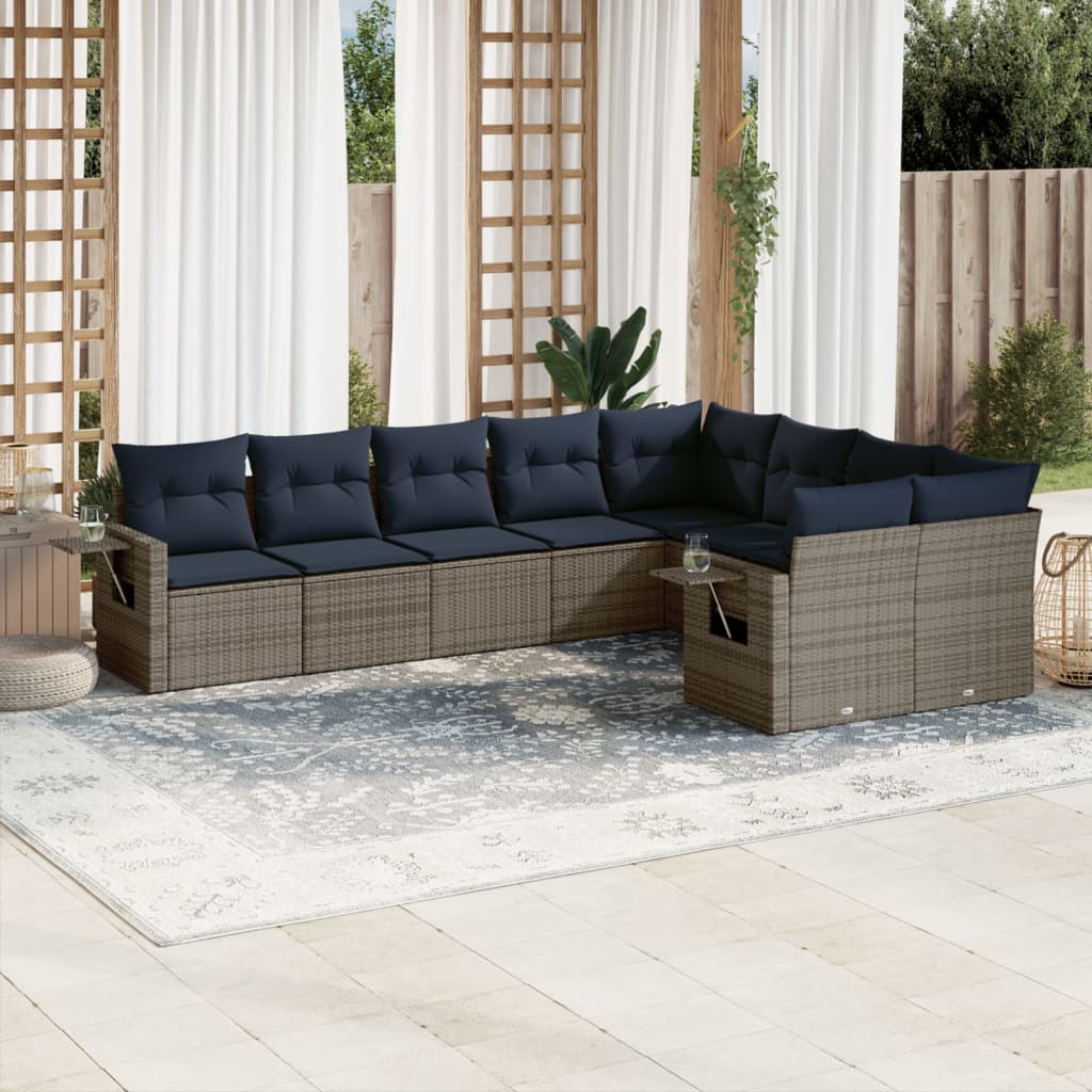 9-delige tuinbankset met kussens, grijs polyrotan is nu te koop bij PeponiXL, paradijselijk wonen!