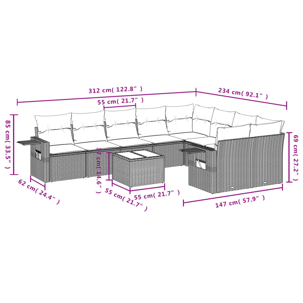 10-delige tuinbankset met kussens van zwart polyrotan is nu te koop bij PeponiXL, paradijselijk wonen!