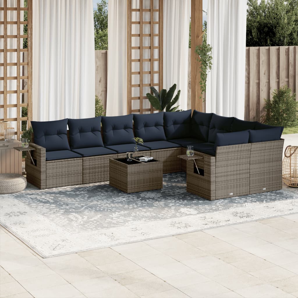10-delige tuinbankset met kussens, grijs polyrotan is nu te koop bij PeponiXL, paradijselijk wonen!