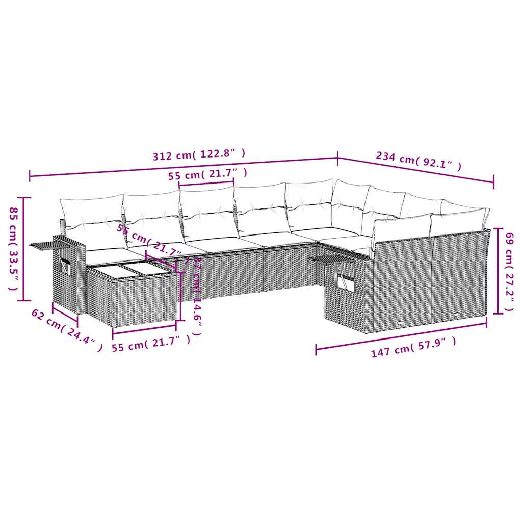 10-delige tuinbankset met kussens, grijs polyrotan is nu te koop bij PeponiXL, paradijselijk wonen!