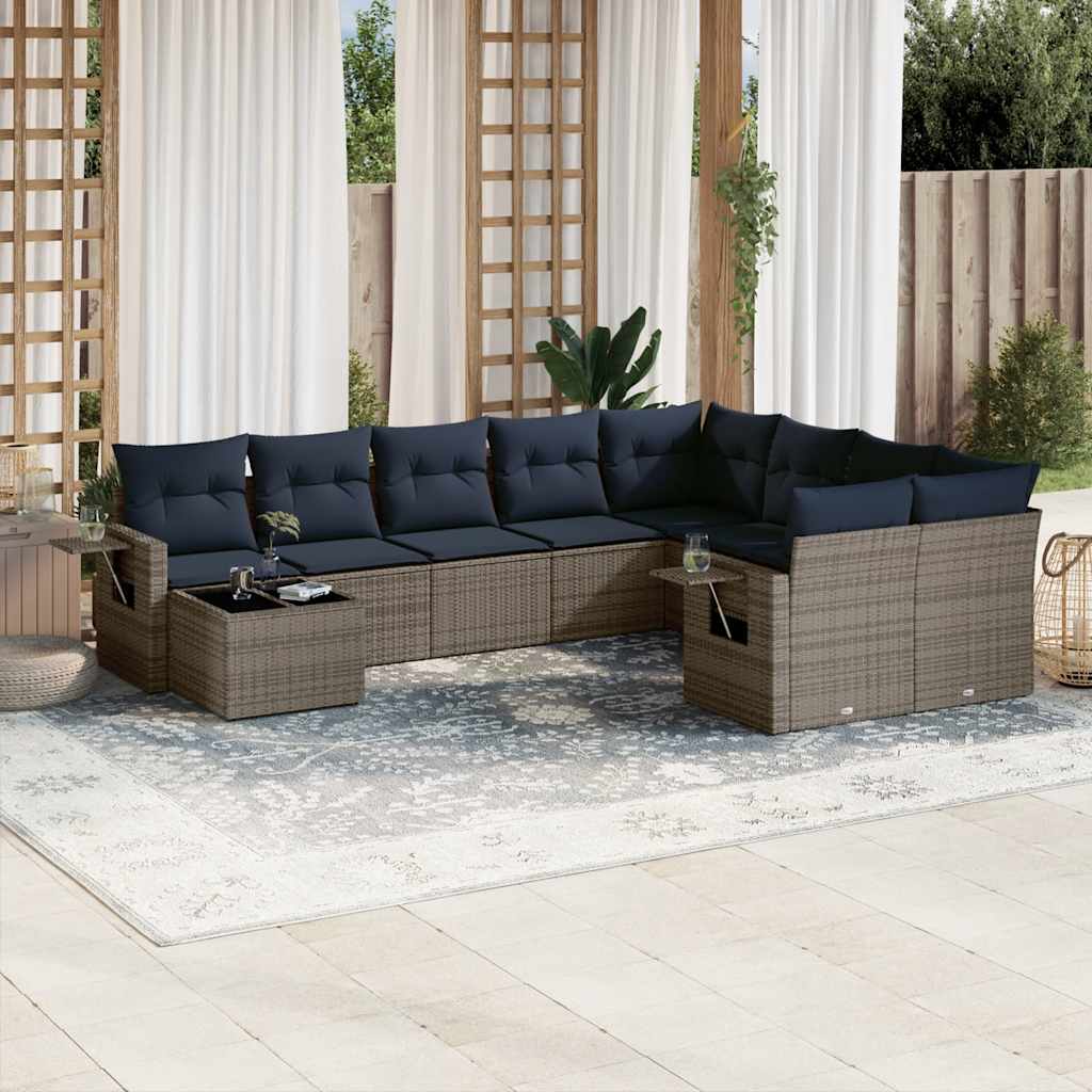 10-delige tuinbankset met kussens, grijs polyrotan is nu te koop bij PeponiXL, paradijselijk wonen!