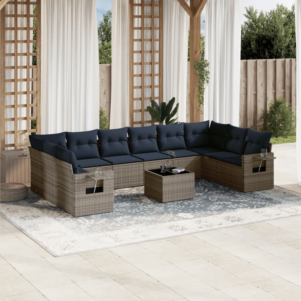 11-delige tuinbankset met kussens, grijs polyrotan is nu te koop bij PeponiXL, paradijselijk wonen!