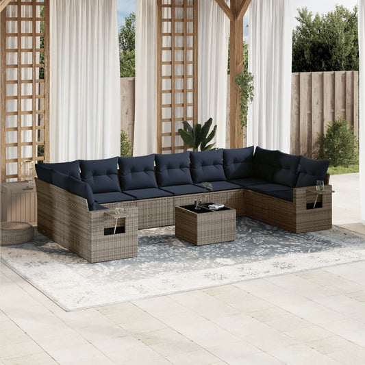 11-delige tuinbankset met kussens, grijs polyrotan is nu te koop bij PeponiXL, paradijselijk wonen!