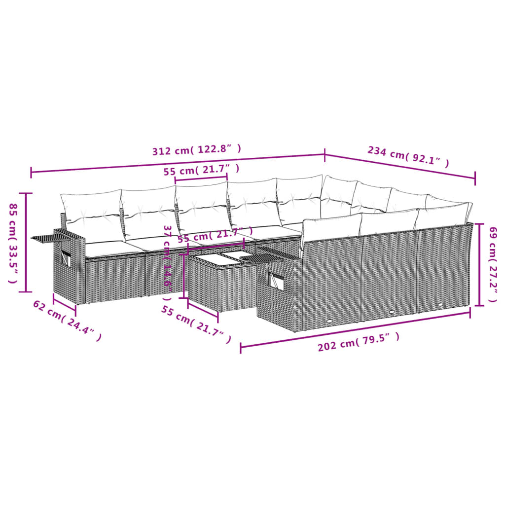 11-delige tuinbankset met kussens, grijs polyrotan is nu te koop bij PeponiXL, paradijselijk wonen!