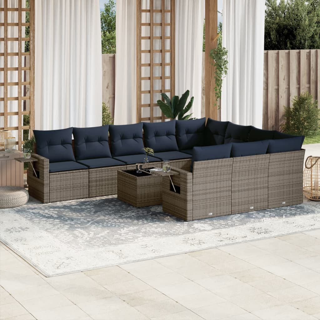 11-delige tuinbankset met kussens, grijs polyrotan is nu te koop bij PeponiXL, paradijselijk wonen!