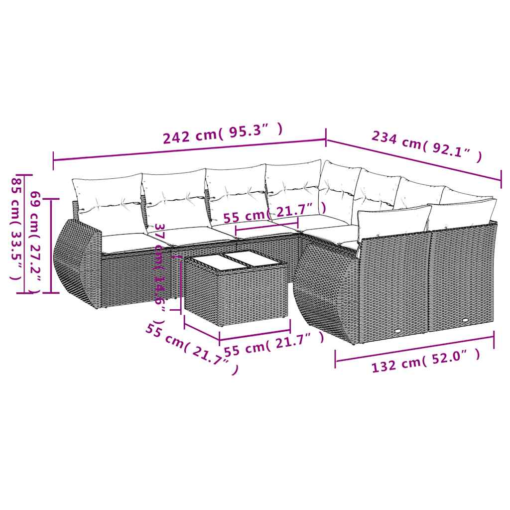 9-delige tuinbankset met kussens, grijs polyrotan is nu te koop bij PeponiXL, paradijselijk wonen!
