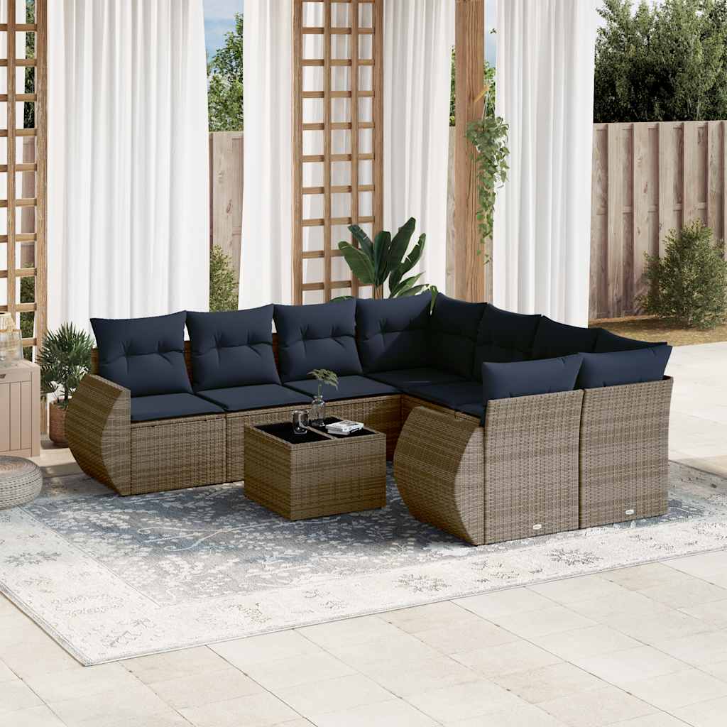 9-delige tuinbankset met kussens, grijs polyrotan is nu te koop bij PeponiXL, paradijselijk wonen!