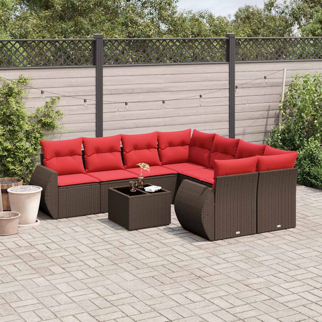9-delige tuinbankset met kussens, bruin polyrotan is nu te koop bij PeponiXL, paradijselijk wonen!