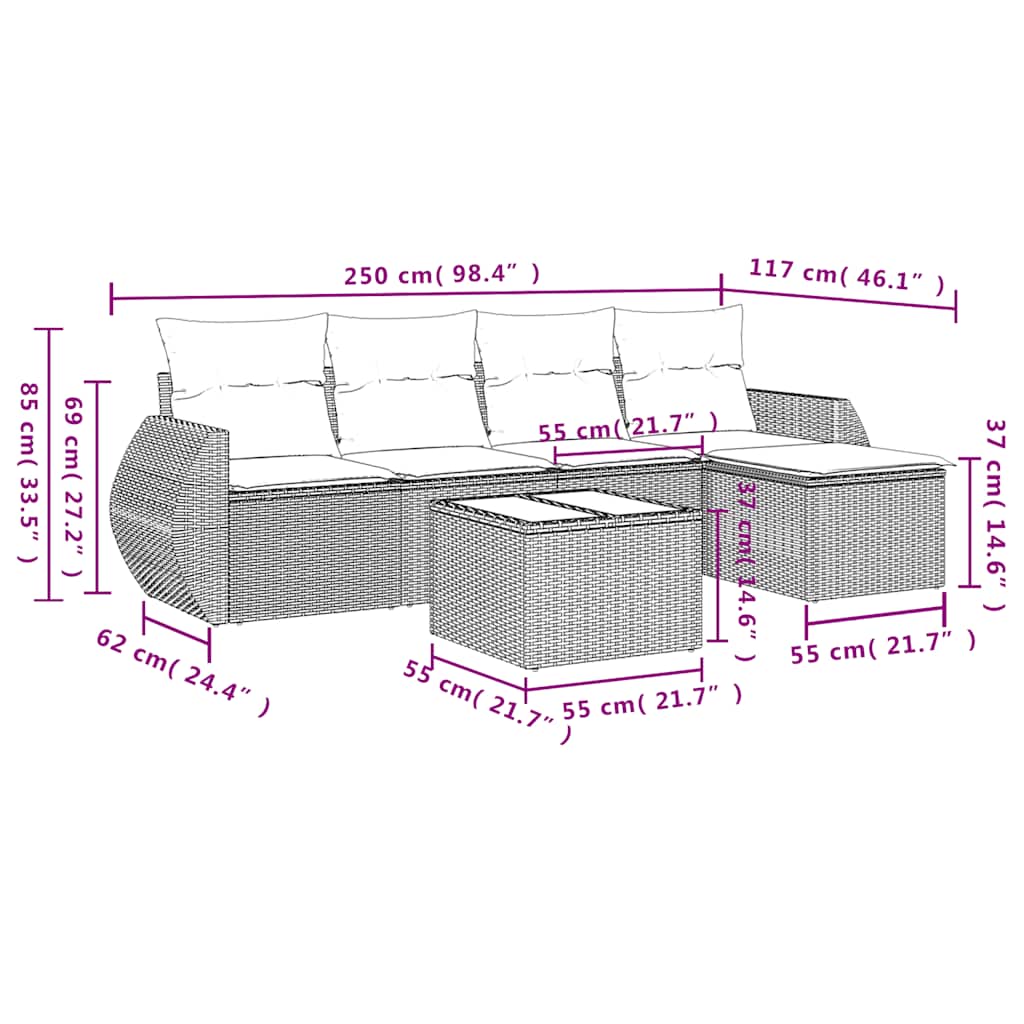 6-delige tuinbankset met kussens, grijs polyrotan is nu te koop bij PeponiXL, paradijselijk wonen!