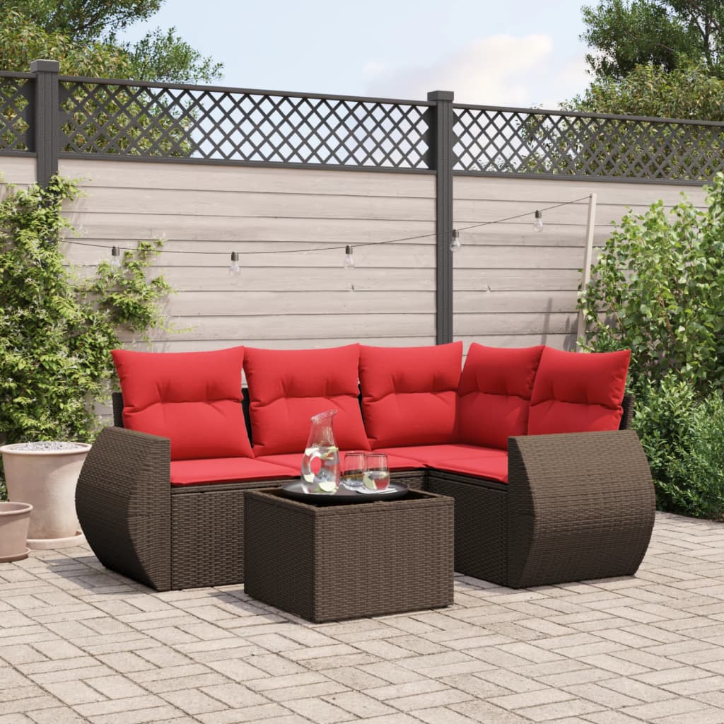 5-delige tuinbankset met kussens, bruin polyrotan is nu te koop bij PeponiXL, paradijselijk wonen!