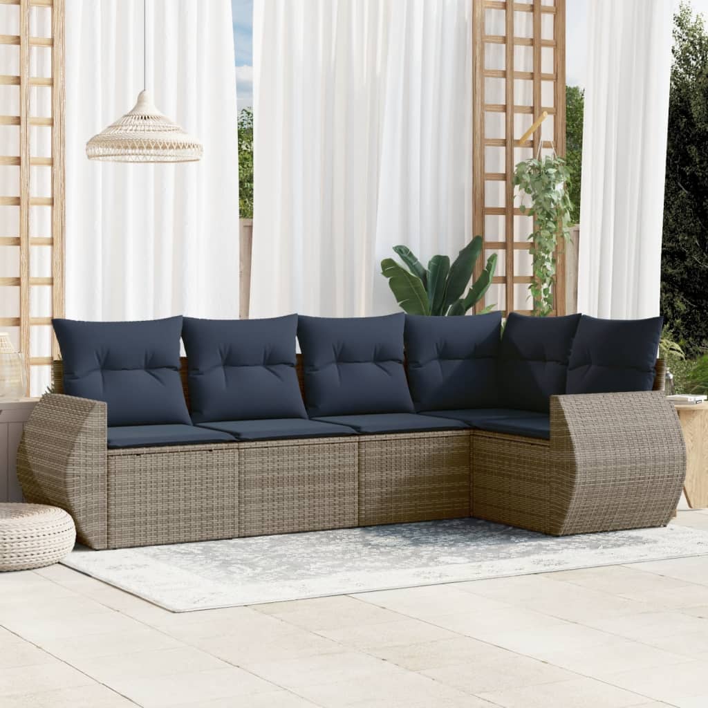 5-delige tuinbankset met kussens, grijs polyrotan is nu te koop bij PeponiXL, paradijselijk wonen!