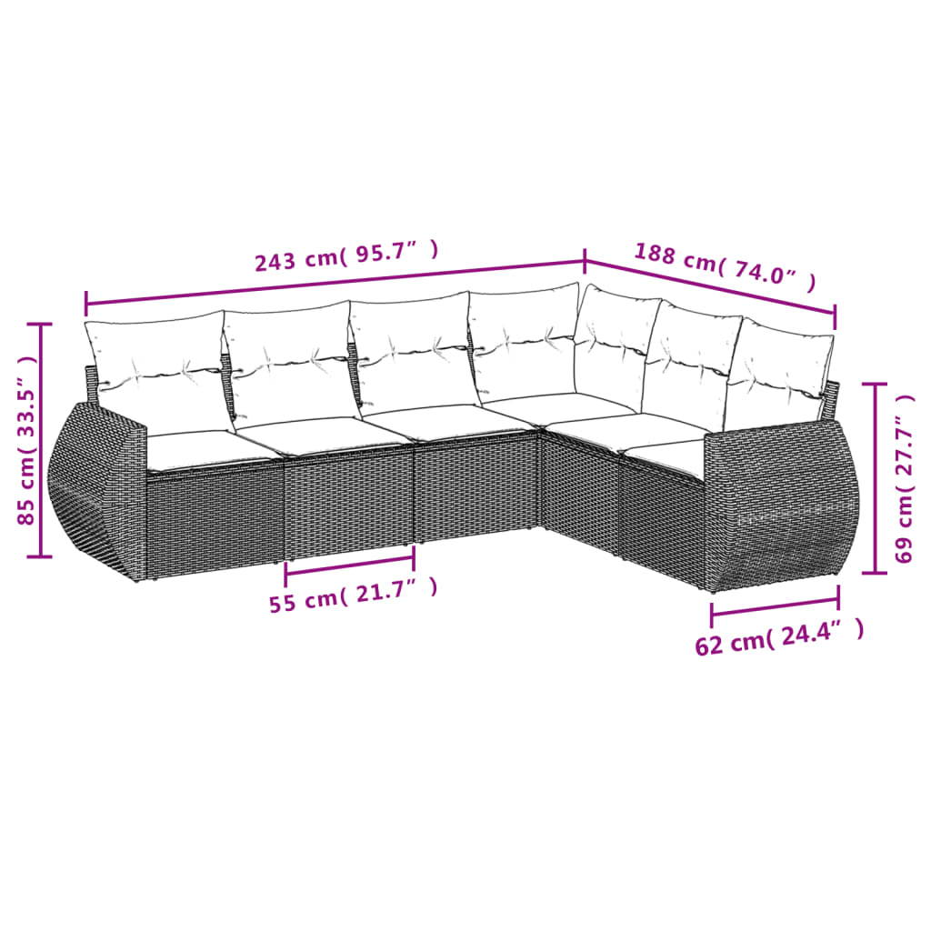 6-delige tuinbankset met kussens, grijs polyrotan is nu te koop bij PeponiXL, paradijselijk wonen!