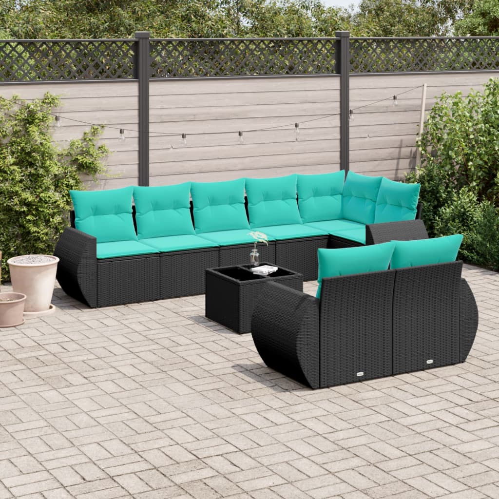 9-delige tuinbankset met kussens van zwart polyrotan is nu te koop bij PeponiXL, paradijselijk wonen!