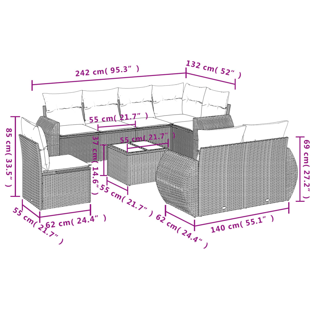 9-delige Loungeset met kussens poly rattan zwart is nu te koop bij PeponiXL, paradijselijk wonen!