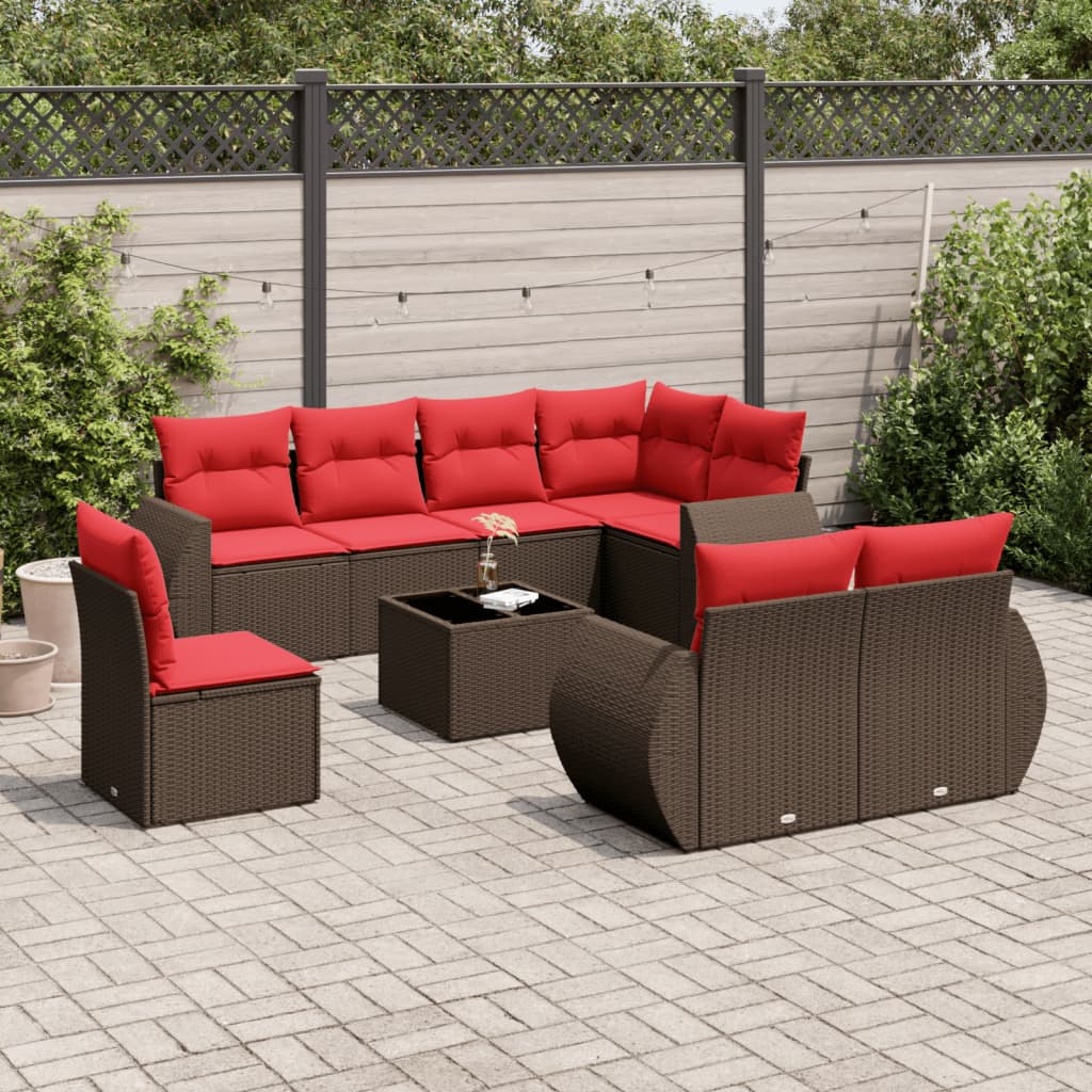 9-delige tuinbankset met kussens, bruin polyrotan is nu te koop bij PeponiXL, paradijselijk wonen!