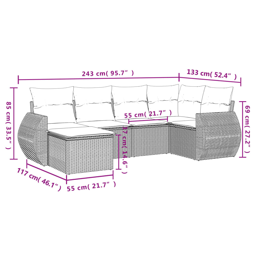 6-delige Loungeset met kussens poly rattan grijs is nu te koop bij PeponiXL, paradijselijk wonen!