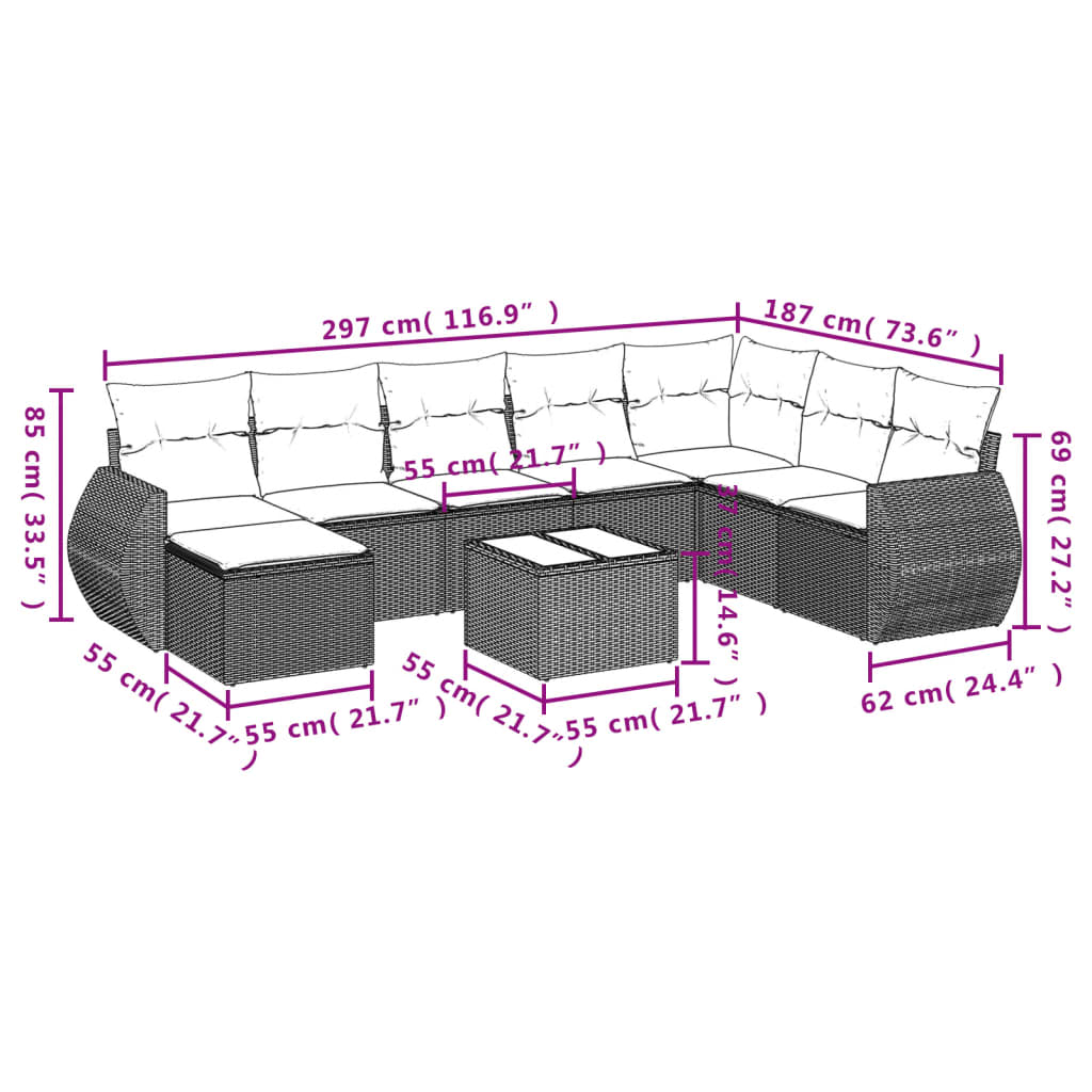 9-delige Loungeset met kussens poly rattan grijs is nu te koop bij PeponiXL, paradijselijk wonen!