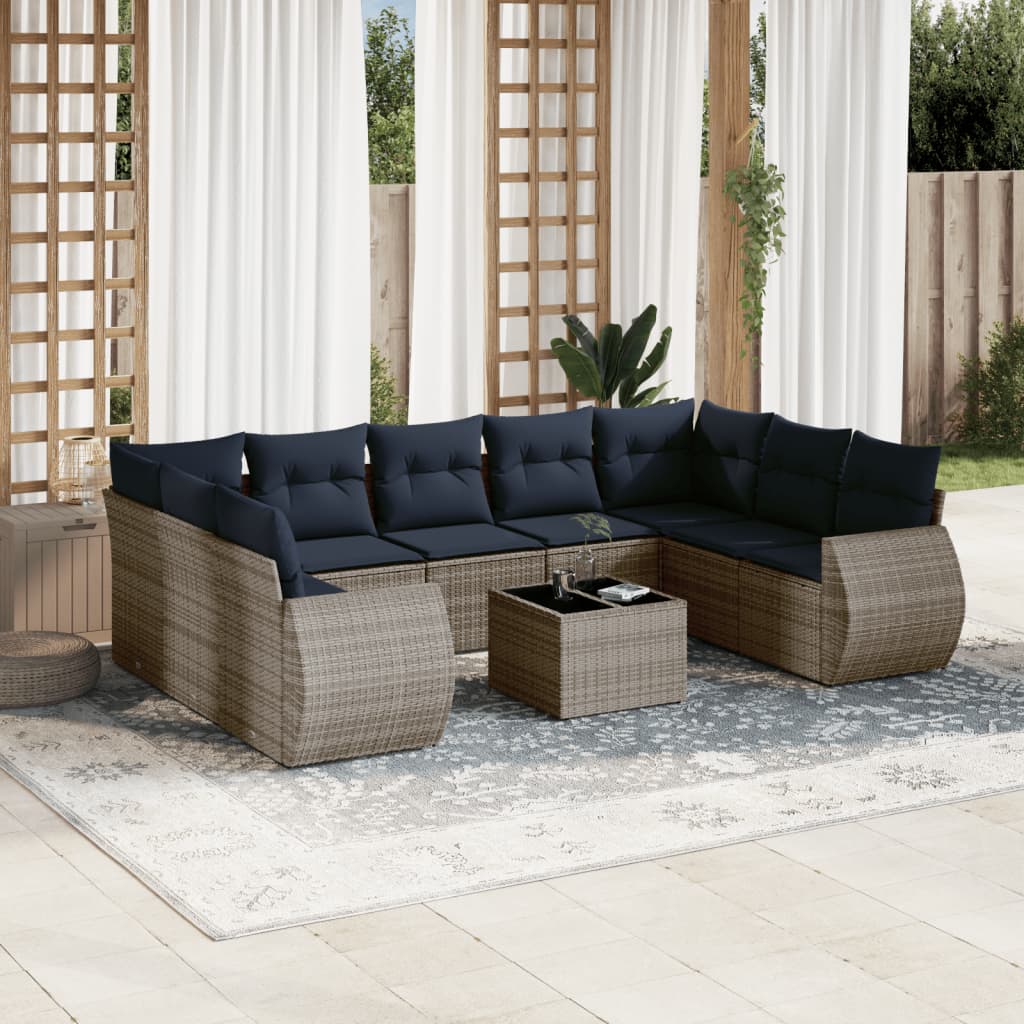 10-delige tuinbankset met kussens, grijs polyrotan is nu te koop bij PeponiXL, paradijselijk wonen!