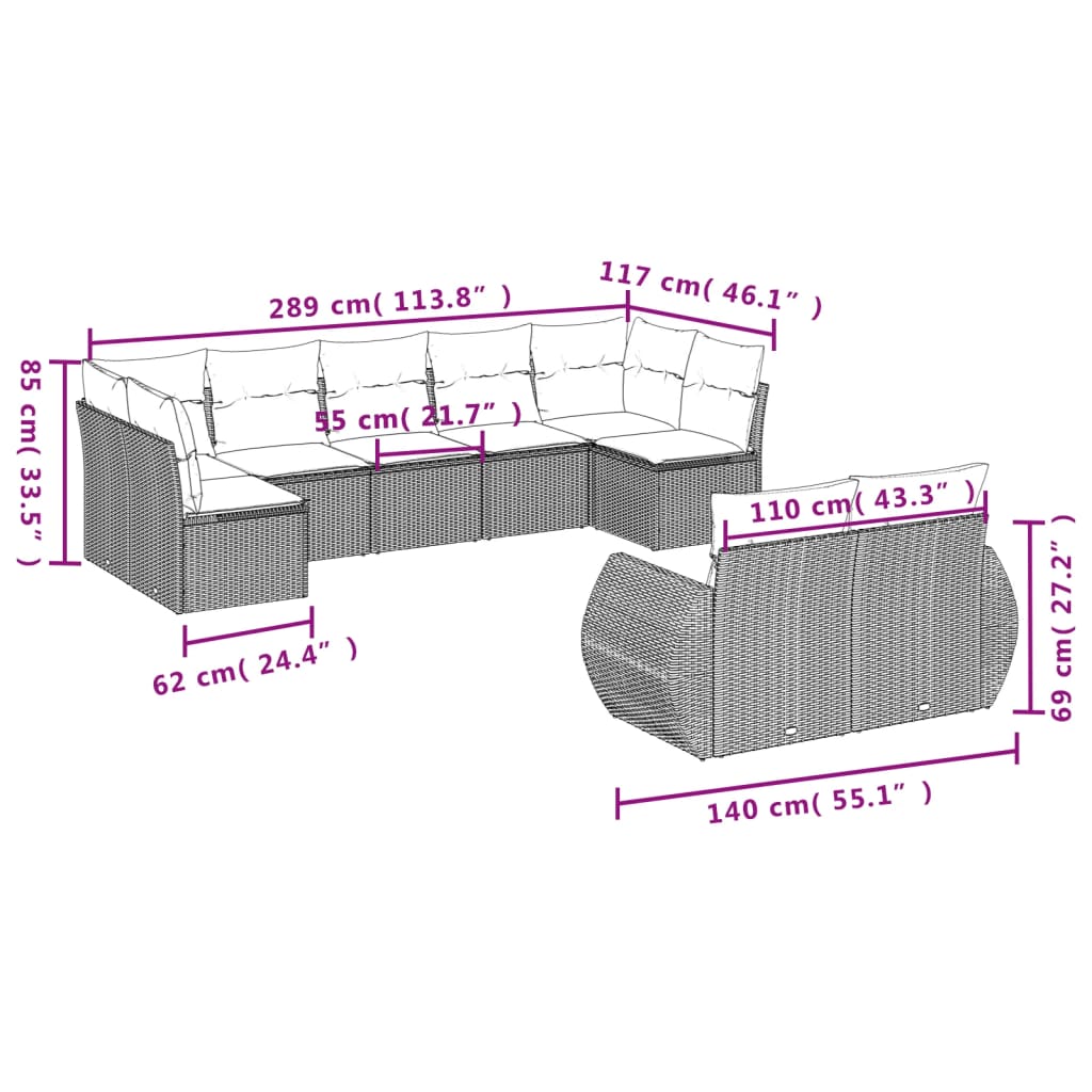 9-delige Loungeset met kussens poly rattan grijs is nu te koop bij PeponiXL, paradijselijk wonen!