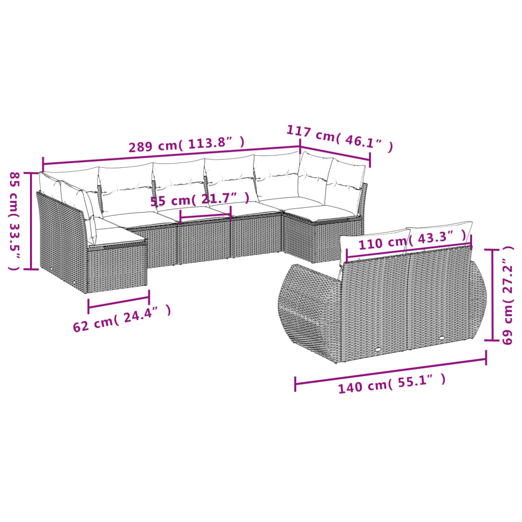 9-delige tuinbankset met kussens, grijs polyrotan is nu te koop bij PeponiXL, paradijselijk wonen!