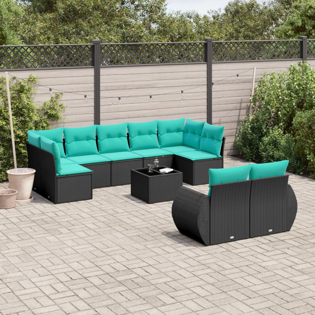 10-delige tuinbankset met kussens van zwart polyrotan is nu te koop bij PeponiXL, paradijselijk wonen!