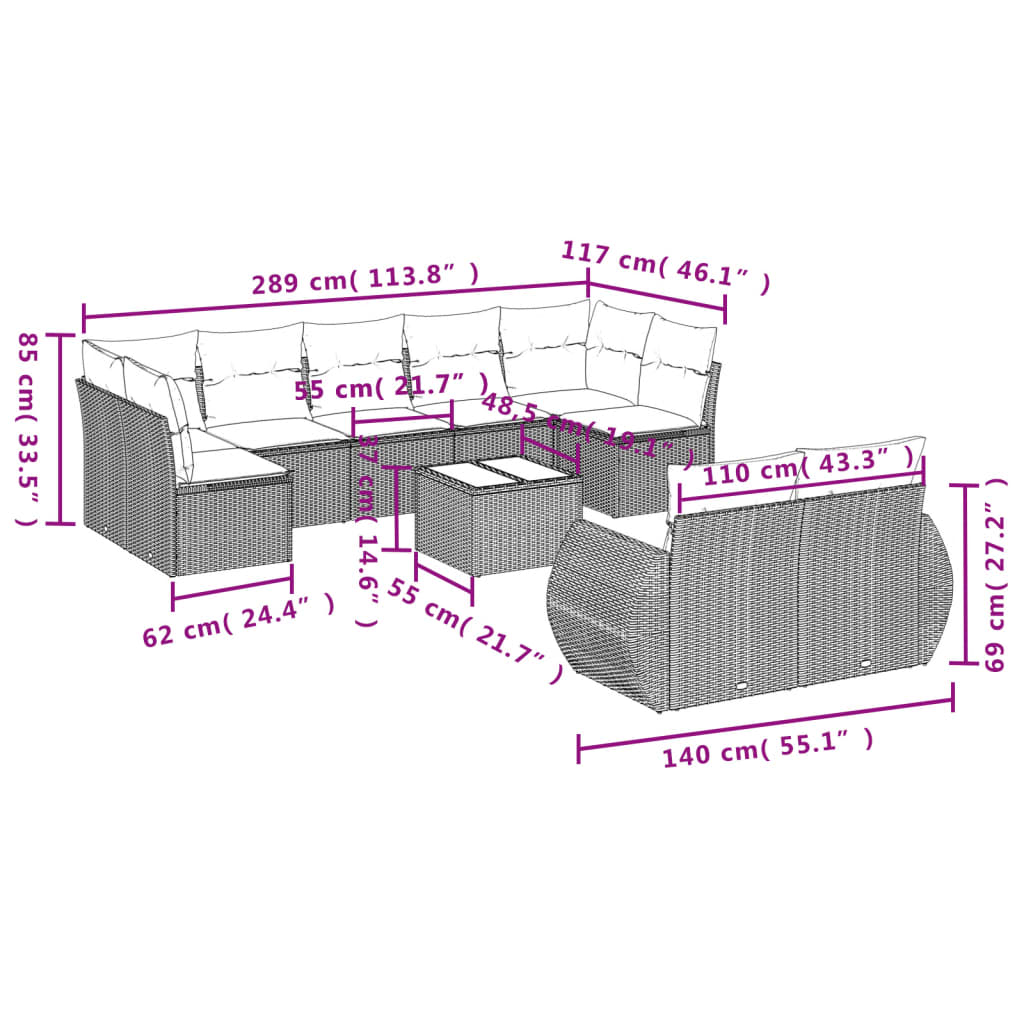 10-delige Loungeset met kussens poly rattan grijs is nu te koop bij PeponiXL, paradijselijk wonen!