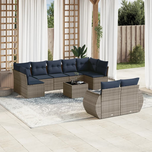 10-delige tuinbankset met kussens, grijs polyrotan is nu te koop bij PeponiXL, paradijselijk wonen!